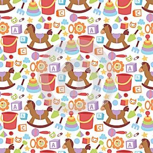 Baby toys icons cartoon family kid toyshop design cute boy and girl childhood art diaper love rattle seamless pattern photo