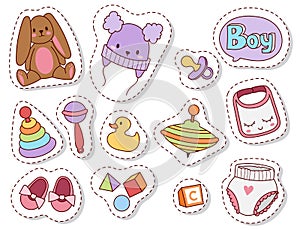 Baby toys patches cartoon family kid toyshop design cute boy and girl childhood art diaper drawing graphic love rattle