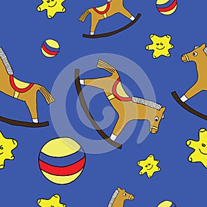 Baby toys, seamless pattern, wooden hourse,ball, star, deep blue