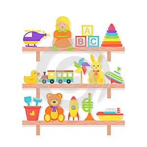 Baby toys on shelf. Vector illustration in flat design. Cartoon set
