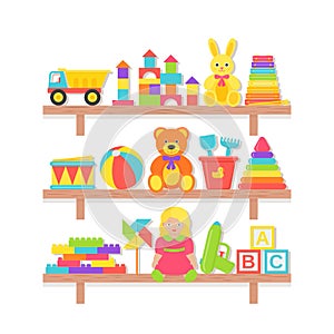 Baby toys on shelf. Vector illustration in flat design. Cartoon set