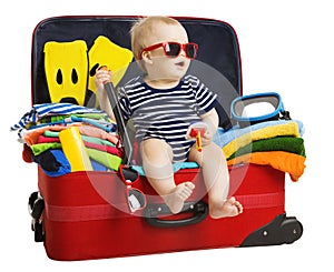 Baby Travel Suitcase, Child Sitting in Traveling Bag, Kid on White