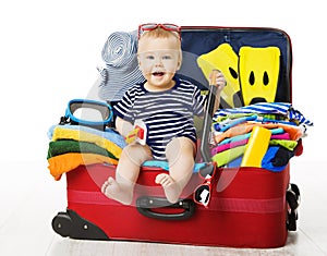 Baby in Travel Suitcase, Kid Sitting Vacation Luggage, Child