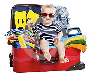 Baby Travel Vacation Suitcase. Kid in Packed Luggage, Family and