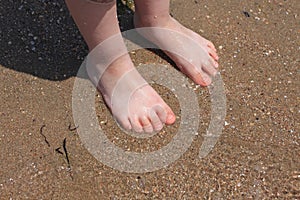 A baby try to step in to the sea water at the first time in a sunny day. With blurry sea background