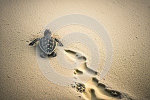 Baby turtle on the beach, a top-down view of the turtle\'s path to the sea