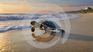 Baby Turtle\'s Journey to the Ocean at Dawn photo