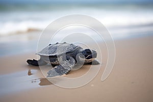 baby turtle scurry across sandy beach, making their way to the ocean