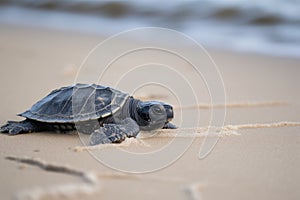 baby turtle scurrying across sandy beach, on its way to the ocean