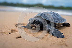 baby turtle scurrying across sandy beach, on its way to the ocean