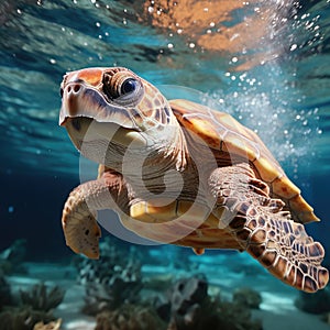 Baby turtle is swimming through crystal clear waters of the sea