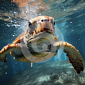 Baby turtle is swimming through crystal clear waters of the sea