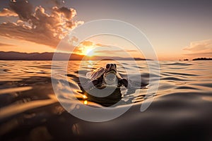 baby turtle swimming in the ocean, with view of the sunset