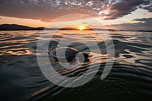 baby turtle swimming in the ocean, with view of the sunset