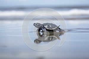 baby turtle walking towards the open ocean, with its nose twitching and flippers moving