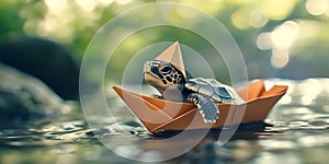 Baby Turtle Wearing a Small Paper Boat Hat Floating on the Ocean Background for Whimsical Marine Art Cute Fantasy Illustrations photo
