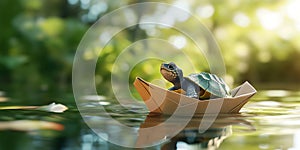 Baby Turtle Wearing a Small Paper Boat Hat Floating on the Ocean Background for Whimsical Marine Art, Cute Fantasy Illustrations, photo