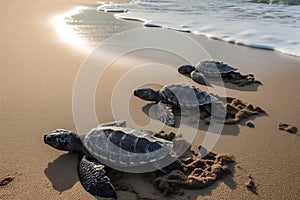 Baby turtles on beach sand. Generate ai