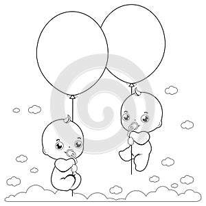 Baby twins in the sky holding balloons. Vector black and white coloring page