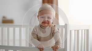 Baby unhappiness. Portrait of adorable unhappy crying baby standing in crib, suffering from colics or teething
