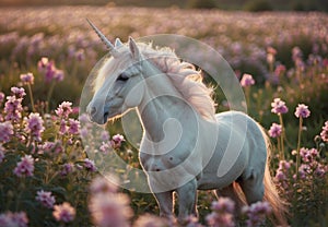 Baby Unicorn in Field of Pink Flowers