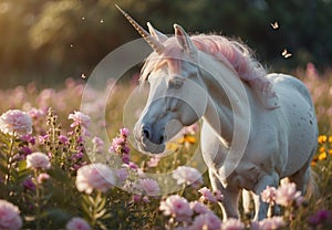 Baby Unicorn in Field of Pink Flowers and butterflies