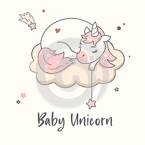 Baby unicorn sleeping on the cloud. Nursery print.