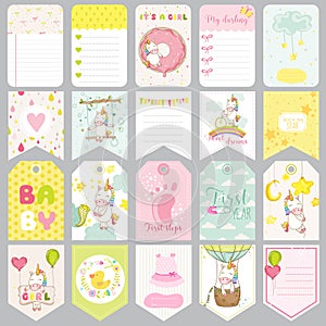 Baby Unicorn Tags. Baby Banners. Scrapbook Labels. Cute Cards