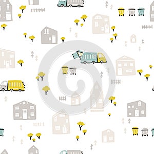 Baby urban landscape with houses and garbage trucks, Waste sorting bins. Vector seamless pattern. Cartoon illustration in childish