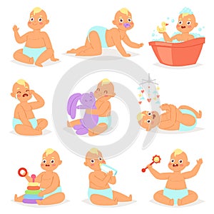 Baby vector adorable newborn infant playing with childish toys and cartoon smiling kid washing illustration childly set