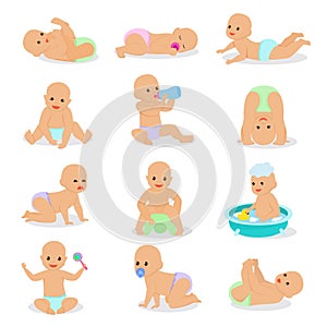 Baby vector newborn infant child playing with childish toys and cartoon smiling kid washing illustration childly set of