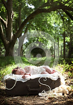 Baby on vintage suitcase