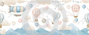 Baby Wallpaper with Hot Air Balloons and clouds. Hand drawn watercolor seamless Pattern for children. Illustration in