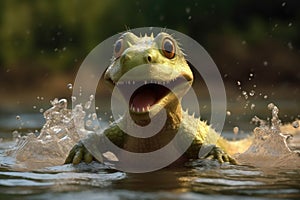 A baby water dinosaur paddling energetically its glee apparent as it enjoys its new world.. AI generation