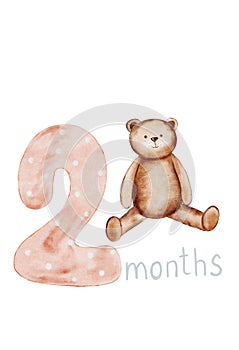 Baby watercolor anniversary card. Illustration with teddy bear and number 2. Cute metric hand drawing with birth