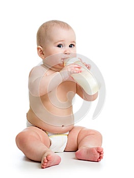 Baby weared diaper drinking milk from bottle