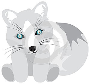Baby White Artic Fox Stuffed Animal with Blue Eyes and Big Tail. Clipping Path on White Background