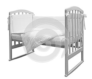Baby white bed isolated on white background. cot, crib, bed for kids, children