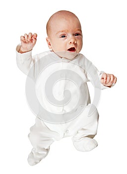 Baby in white romper over white photo