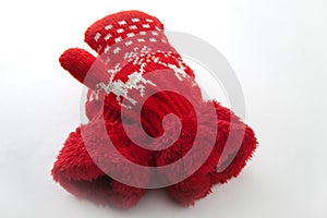 Baby winter clothes wool red mittens white background