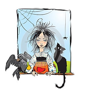 Baby witch with black cat, raven