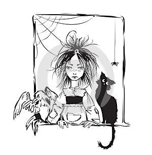 Baby witch with black cat, raven and spider