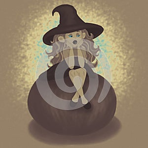 a baby witch with blue eyes in a witch\'s hat sits on a big pumpkin and is bored