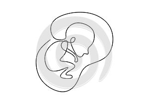 Baby in womb one single line drawing. Cute unborn fetus baby on mother womb isolated on white background. Pregnancy health care