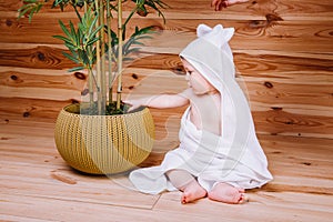 The baby wrapped in a white towel sitting on wooden background near a bamboo tree in pot