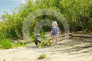 baby 1 year old plays on a sandy beach by the river on a sunny day,