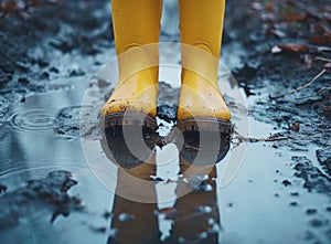 Baby in yellow boots standing in a muddy puddle, reflecting the surrounding wet ground.
