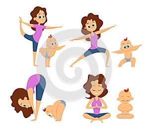 Baby yoga. Mutual exercises with mother and her baby. Different poses and exercises for beginners. Cartoon characters