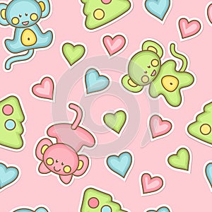 Babyish seamless pattern with baby monkeys and hearts