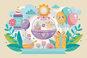 A babys birth announcement with colorful balloons and presents, celebrating the new arrival, Baby shower Customizable Flat